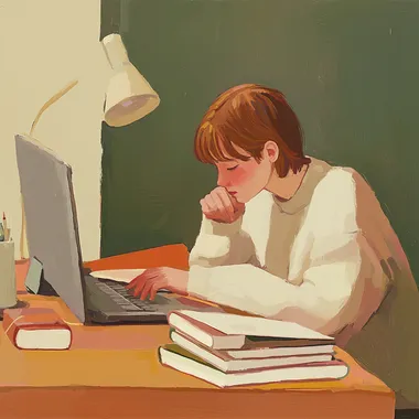 a person studying with books and a computer, illustration, pastel colors, painted in the style of edward hopper  --s 50