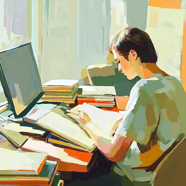 a person studying with books and a computer, illustration, pastel colors, painted in the style of edward hopper  --s 50