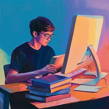 a person studying with books and a computer, illustration, pastel colors, painted in the style of edward hopper  --s 50