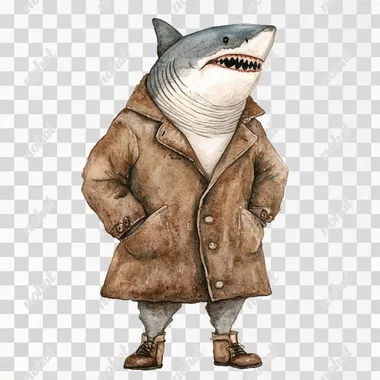watercolor, old mr shark standing wearing brown coat on isolated white background