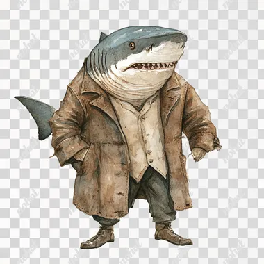 watercolor, old mr shark standing wearing brown coat on isolated white background