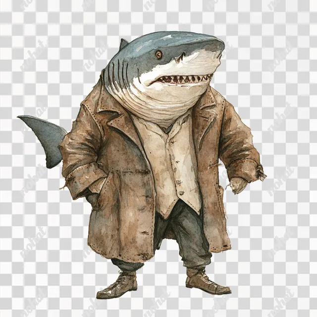 PNG Shark in Brown Trench Coat, Watercolor Art from Ocean Depths 