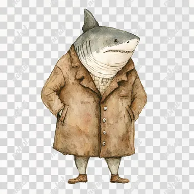 watercolor, old mr shark standing wearing brown coat on isolated white background