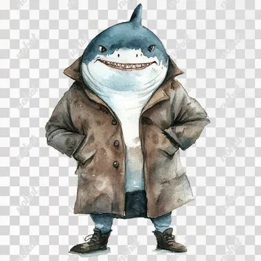 watercolor, old mr shark standing wearing brown coat on isolated white background