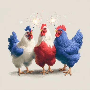 Three cute chickens wearing red, white, and blue , celebrating the Fourth of July with sparklers in their beaks, in a clipart style, isolated on a pure solid background, in a watercolor, hyper-realistic, detailed, high-resolution, ultra-wide-angle style.