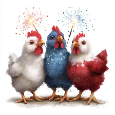Three cute chickens wearing red, white, and blue , celebrating the Fourth of July with sparklers in their beaks, in a clipart style, isolated on a pure solid background, in a watercolor, hyper-realistic, detailed, high-resolution, ultra-wide-angle style.