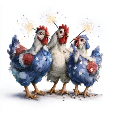 Three cute chickens wearing red, white, and blue , celebrating the Fourth of July with sparklers in their beaks, in a clipart style, isolated on a pure solid background, in a watercolor, hyper-realistic, detailed, high-resolution, ultra-wide-angle style.