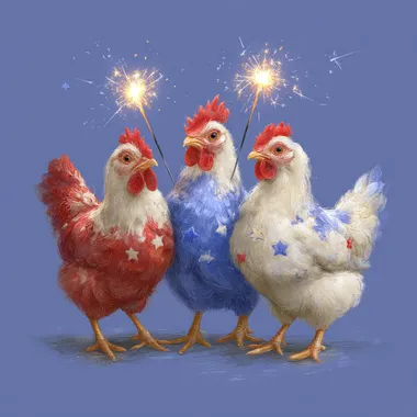 Three cute chickens wearing red, white, and blue , celebrating the Fourth of July with sparklers in their beaks, in a clipart style, isolated on a pure solid background, in a watercolor, hyper-realistic, detailed, high-resolution, ultra-wide-angle style.