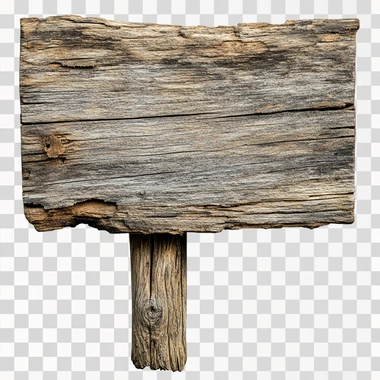 A weathered wooden sign with visible grain patterns and slightly chipped edges, isolated on a pure white background