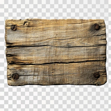 A weathered wooden sign with visible grain patterns and slightly chipped edges, isolated on a pure white background