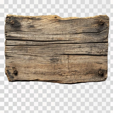 A weathered wooden sign with visible grain patterns and slightly chipped edges, isolated on a pure white background