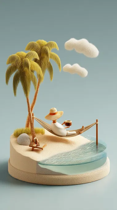 3d cartoon icon of summer background with beach elements such as straw hat and hammock