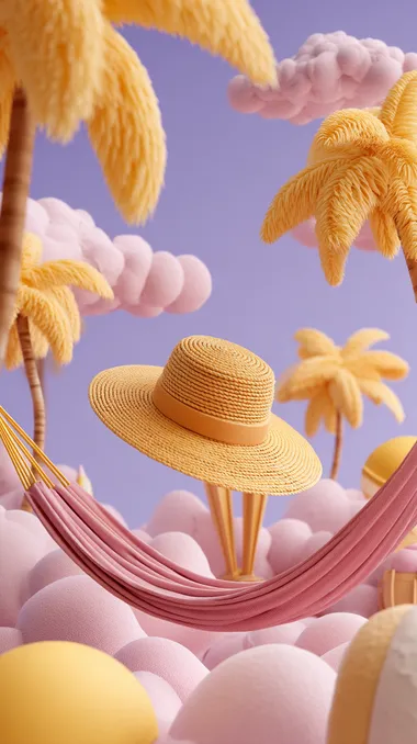 3d cartoon icon of summer background with beach elements such as straw hat and hammock