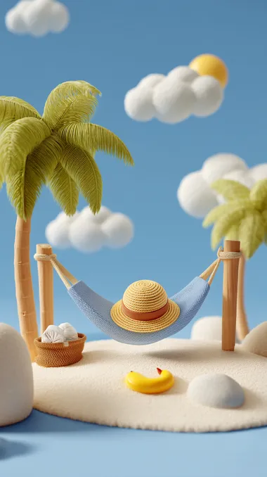 3d cartoon icon of summer background with beach elements such as straw hat and hammock