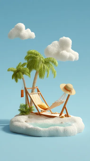 3d cartoon icon of summer background with beach elements such as straw hat and hammock