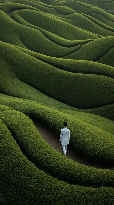 18h a striking scene of a young ,an walking down a winding path surrounded by vibrant green, fluffy grass fields. The solitary Woman, dressed in a white suit, contrasts starkly with the green landscape, giving the image a surreal and dreamlike quality. The path cuts smoothly through the terrain, inviting thoughts about solitude, direction, and individuality.     smxuabr