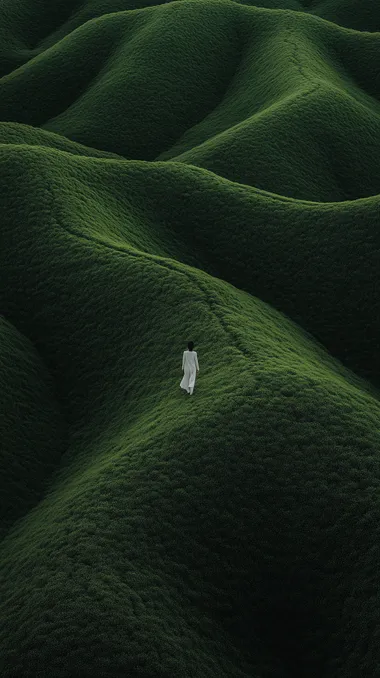 18h a striking scene of a young ,an walking down a winding path surrounded by vibrant green, fluffy grass fields. The solitary Woman, dressed in a white suit, contrasts starkly with the green landscape, giving the image a surreal and dreamlike quality. The path cuts smoothly through the terrain, inviting thoughts about solitude, direction, and individuality.     smxuabr