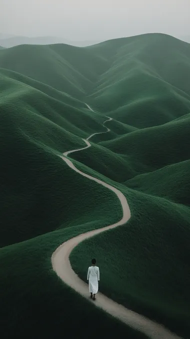 18h a striking scene of a young ,an walking down a winding path surrounded by vibrant green, fluffy grass fields. The solitary Woman, dressed in a white suit, contrasts starkly with the green landscape, giving the image a surreal and dreamlike quality. The path cuts smoothly through the terrain, inviting thoughts about solitude, direction, and individuality.     smxuabr