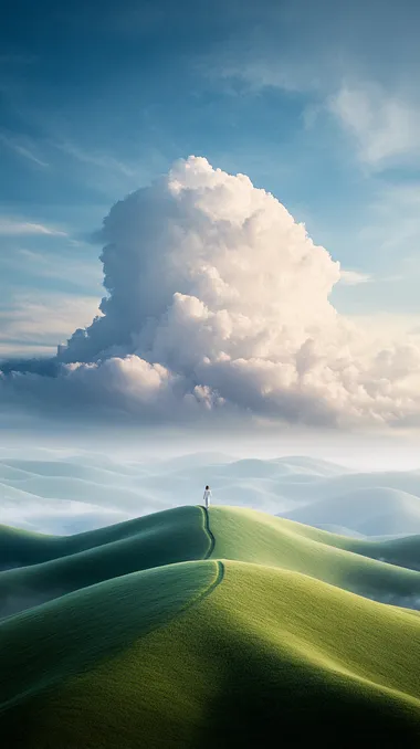 18h a striking scene of a young ,an walking down a winding path surrounded by vibrant green, fluffy grass fields. The solitary Woman, dressed in a white suit, contrasts starkly with the green landscape, giving the image a surreal and dreamlike quality. The path cuts smoothly through the terrain, inviting thoughts about solitude, direction, and individuality.     smxuabr