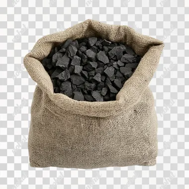 A high-resolution photograph featuring a small, rustic cloth sack filled with tiny black charcoal pieces. The sack, made of rough, natural fabric with visible stitches and a neatly folded top, stands out against a pure white background. The black charcoal pieces are much smaller, contrasting sharply with the light cloth. The lighting is bright and clear, illuminating the entire scene evenly, and highlighting every detail of the charcoal and fabric textures. The overall look is clean, minimal, and crisp, drawing attention to the natural elements of the sack and its contents.