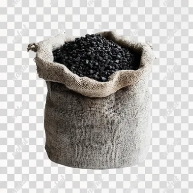 A high-resolution photograph featuring a small, rustic cloth sack filled with tiny black charcoal pieces. The sack, made of rough, natural fabric with visible stitches and a neatly folded top, stands out against a pure white background. The black charcoal pieces are much smaller, contrasting sharply with the light cloth. The lighting is bright and clear, illuminating the entire scene evenly, and highlighting every detail of the charcoal and fabric textures. The overall look is clean, minimal, and crisp, drawing attention to the natural elements of the sack and its contents.