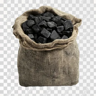 A high-resolution photograph featuring a small, rustic cloth sack filled with tiny black charcoal pieces. The sack, made of rough, natural fabric with visible stitches and a neatly folded top, stands out against a pure white background. The black charcoal pieces are much smaller, contrasting sharply with the light cloth. The lighting is bright and clear, illuminating the entire scene evenly, and highlighting every detail of the charcoal and fabric textures. The overall look is clean, minimal, and crisp, drawing attention to the natural elements of the sack and its contents.