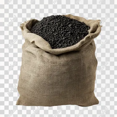 A high-resolution photograph featuring a small, rustic cloth sack filled with tiny black charcoal pieces. The sack, made of rough, natural fabric with visible stitches and a neatly folded top, stands out against a pure white background. The black charcoal pieces are much smaller, contrasting sharply with the light cloth. The lighting is bright and clear, illuminating the entire scene evenly, and highlighting every detail of the charcoal and fabric textures. The overall look is clean, minimal, and crisp, drawing attention to the natural elements of the sack and its contents.