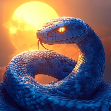 Show me a beautiful blue snake coiled and gazing at the rising sun, depicted in a detailed 3D graphic style, with a simple and bright background.