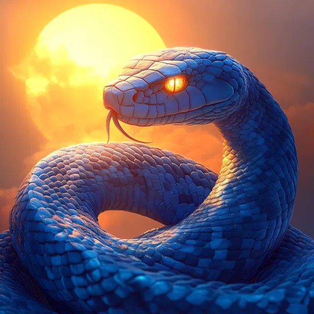 Blue snake coiled in front of sunrise, detailed 3D graphic art