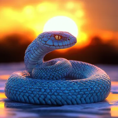 Show me a beautiful blue snake coiled and gazing at the rising sun, depicted in a detailed 3D graphic style, with a simple and bright background.
