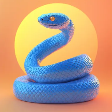 Show me a beautiful blue snake coiled and gazing at the rising sun, depicted in a detailed 3D graphic style, with a simple and bright background.