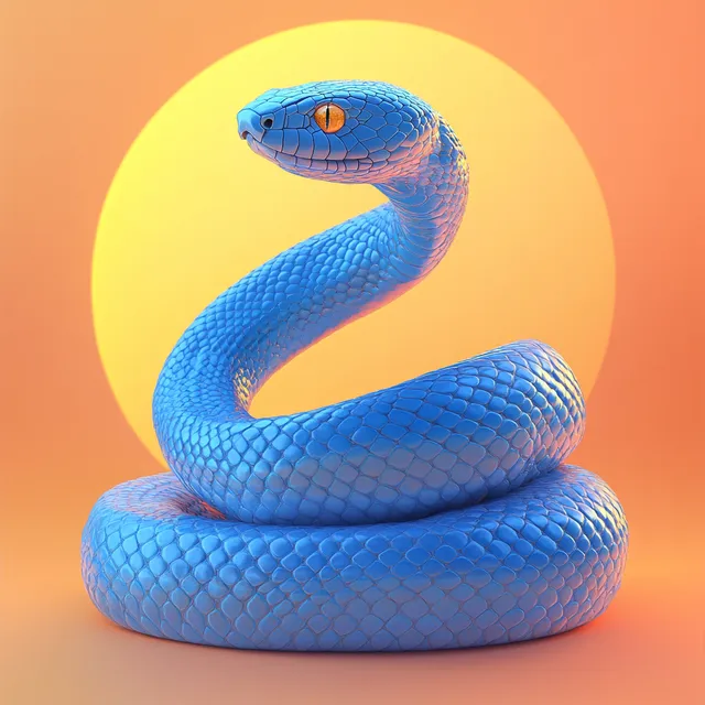 Blue snake coiled on a ball, gazing at the rising sun in nature