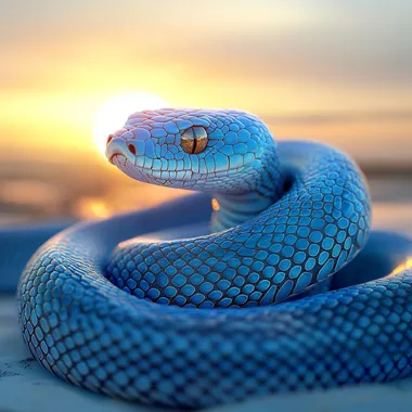 Show me a beautiful blue snake coiled and gazing at the rising sun, depicted in a detailed 3D graphic style, with a simple and bright background.