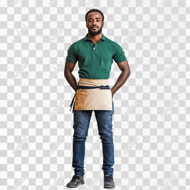 white isolated background full body photoshoot, african man wearing a green polo shirt, blue jeans and black sneakers with a half apron
