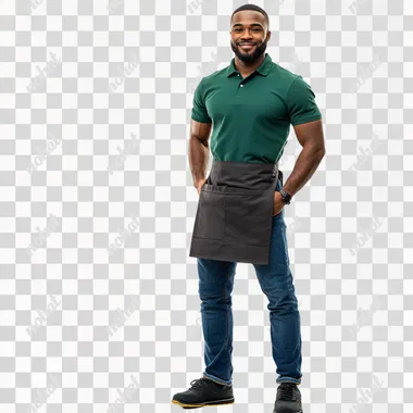 white isolated background full body photoshoot, african man wearing a green polo shirt, blue jeans and black sneakers with a half apron