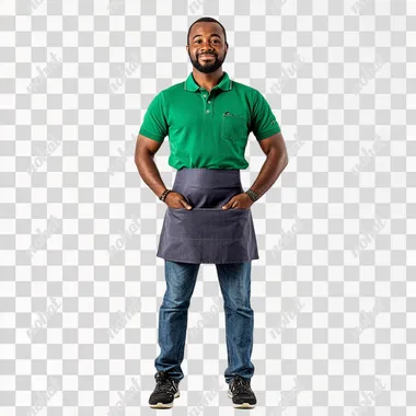 white isolated background full body photoshoot, african man wearing a green polo shirt, blue jeans and black sneakers with a half apron