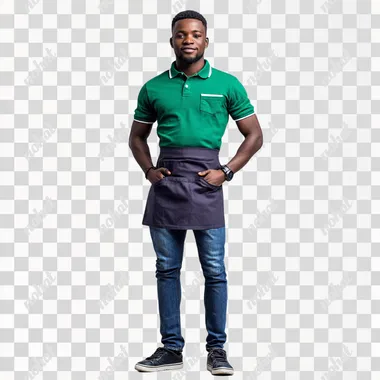 white isolated background full body photoshoot, african man wearing a green polo shirt, blue jeans and black sneakers with a half apron