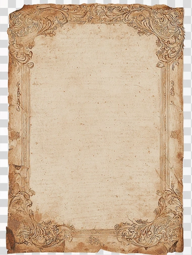 A detailed parchment scroll, slightly worn with age, with intricate borders and elegant calligraphy spaces in the center. The scroll is unrolled and laid flat, resembling the proportions of an A4 paper. The edges of the scroll are slightly frayed, and the surface has a textured, antique appearance, with light beige and brown tones. The corners have delicate ornamental flourishes. Designed for a mockup use, the scroll is free of text, inviting for future design placement. Soft lighting highlights the texture and depth,