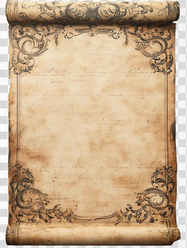 A detailed parchment scroll, slightly worn with age, with intricate borders and elegant calligraphy spaces in the center. The scroll is unrolled and laid flat, resembling the proportions of an A4 paper. The edges of the scroll are slightly frayed, and the surface has a textured, antique appearance, with light beige and brown tones. The corners have delicate ornamental flourishes. Designed for a mockup use, the scroll is free of text, inviting for future design placement. Soft lighting highlights the texture and depth,