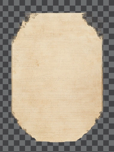 A detailed parchment scroll, slightly worn with age, with intricate borders and elegant calligraphy spaces in the center. The scroll is unrolled and laid flat, resembling the proportions of an A4 paper. The edges of the scroll are slightly frayed, and the surface has a textured, antique appearance, with light beige and brown tones. The corners have delicate ornamental flourishes. Designed for a mockup use, the scroll is free of text, inviting for future design placement. Soft lighting highlights the texture and depth,
