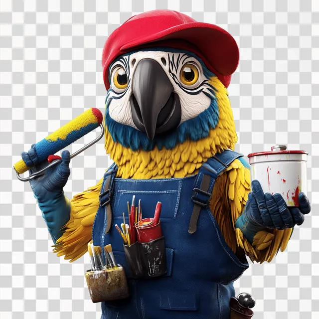 PNG Colorful Macaw Painter Mascot in Vibrant Home Decor Setting
