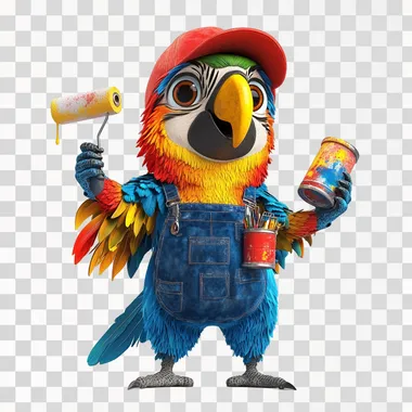 A vibrant and highly detailed 3D-rendered mascot of a colorful macaw dressed as a professional painter. The macaw has bright, multi-colored feathers with rich blues, yellows, and reds, creating a striking and eye-catching appearance. It wears a dark blue overall with visible fabric textures and a bright red cap, slightly tilted for a playful and confident touch. The macaw holds a paint roller dripping with fresh paint in one wing and a paint can in the other, ready to bring color to the world. The character's expression is friendly, energetic, and engaging, with big, expressive eyes full of personality. The background is clean white for a polished and professional look. Ultra HD, hyper-realistic textures, cinematic lighting, and high detail in reflections and shading