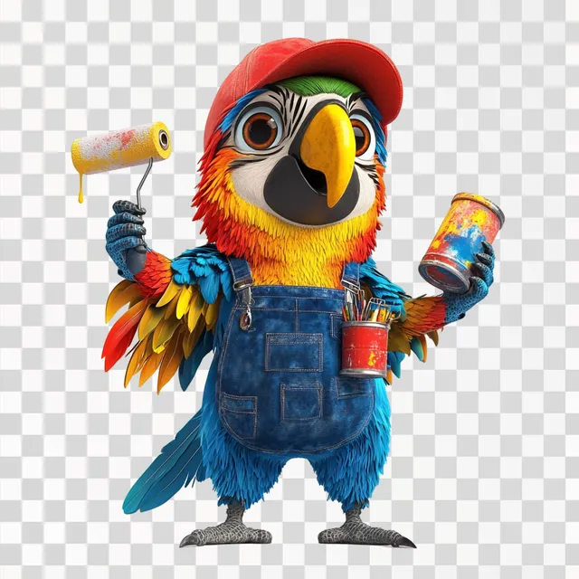 PNG Colorful Macaw Painter Mascot with Paint Can and Roller in Action