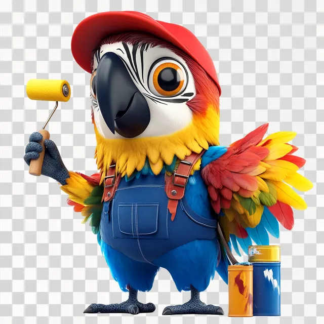 PNG Colorful macaw painter with paint can and roller in vibrant setting
