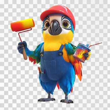 A vibrant and highly detailed 3D-rendered mascot of a colorful macaw dressed as a professional painter. The macaw has bright, multi-colored feathers with rich blues, yellows, and reds, creating a striking and eye-catching appearance. It wears a dark blue overall with visible fabric textures and a bright red cap, slightly tilted for a playful and confident touch. The macaw holds a paint roller dripping with fresh paint in one wing and a paint can in the other, ready to bring color to the world. The character's expression is friendly, energetic, and engaging, with big, expressive eyes full of personality. The background is clean white for a polished and professional look. Ultra HD, hyper-realistic textures, cinematic lighting, and high detail in reflections and shading