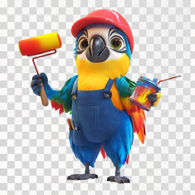 PNG Colorful Macaw Painter Mascot with Paintbrush and Can in Studio