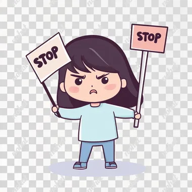 A flat 2D vector graphic illustration in a simple cartoon style with a cute Pixar-inspired aesthetic. A simple cartoon depicting a young Korean girl with fair white skin and dark hair standing in front of the camera, holding a flag with the word "STOP" written on it, with an angry expression on her face. She is wearing a light blue long-sleeve shirt. The background is white.   --s 50