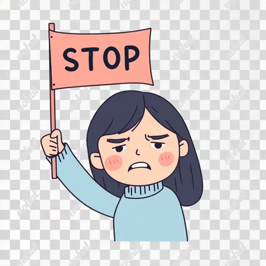 A flat 2D vector graphic illustration in a simple cartoon style with a cute Pixar-inspired aesthetic. A simple cartoon depicting a young Korean girl with fair white skin and dark hair standing in front of the camera, holding a flag with the word "STOP" written on it, with an angry expression on her face. She is wearing a light blue long-sleeve shirt. The background is white.   --s 50