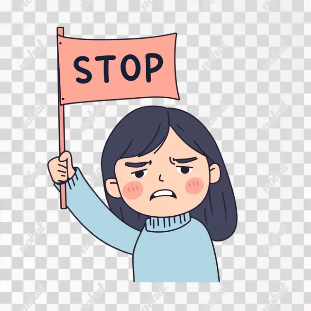 PNG Korean girl holding 'STOP' sign in cute cartoon style illustration