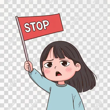 A flat 2D vector graphic illustration in a simple cartoon style with a cute Pixar-inspired aesthetic. A simple cartoon depicting a young Korean girl with fair white skin and dark hair standing in front of the camera, holding a flag with the word "STOP" written on it, with an angry expression on her face. She is wearing a light blue long-sleeve shirt. The background is white.   --s 50